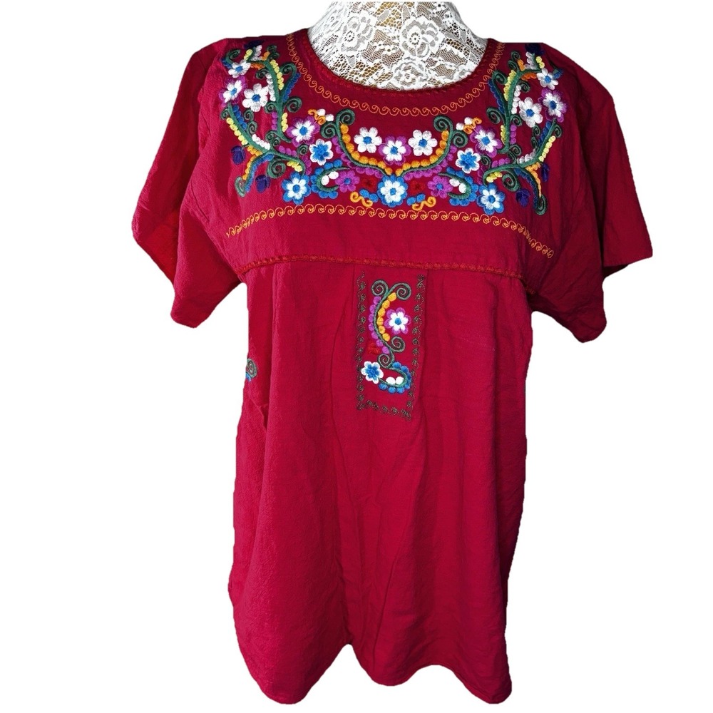 YZXDORWJ Baby Doll Top Womens 3XL Red Short Sleeve Embroidered Floral Artsy